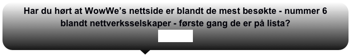 Har du hørt at WowWe’s nettside er blandt de mest besøkte - nummer 6 blandt nettverksselskaper - første gang de er på lista?
Se selv!